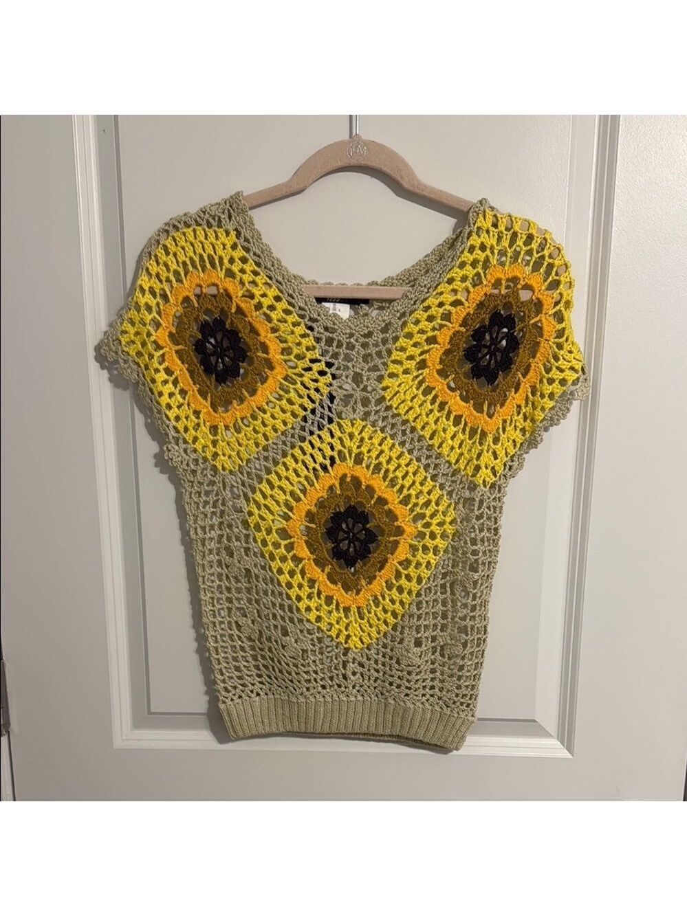Miss Kelly 1999 Sunflower Crochet Knit Top S/M NWT Boho Sweater